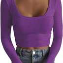 Artfish Women's Square Neck Long Sleeve Ribbed Slim Fitted Casual Basic Crop Top, S