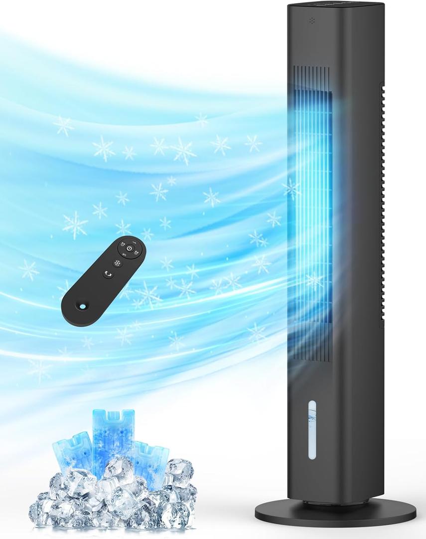 Windowless Portable Air Conditioners, 35" Evaporative Air Cooler w/1.2L Water Tank, 3 Ice Packs, 7H Timer, 60 Swing, No Hose No Window Needed (Black)