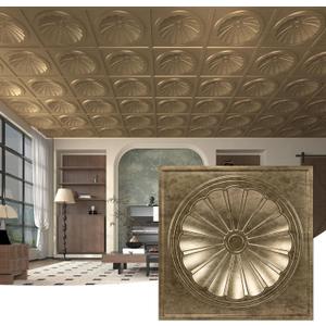 Art3dwallpanels Ceiling Tiles 12 Pack Drop Ceiling Tiles, 24 x 24 Inch High Grade PVC 3D Wall Panels for Interior Wall Decor, Fire Rated, Waterproof, Light Weight, Prevent Breakage, Antique Gold