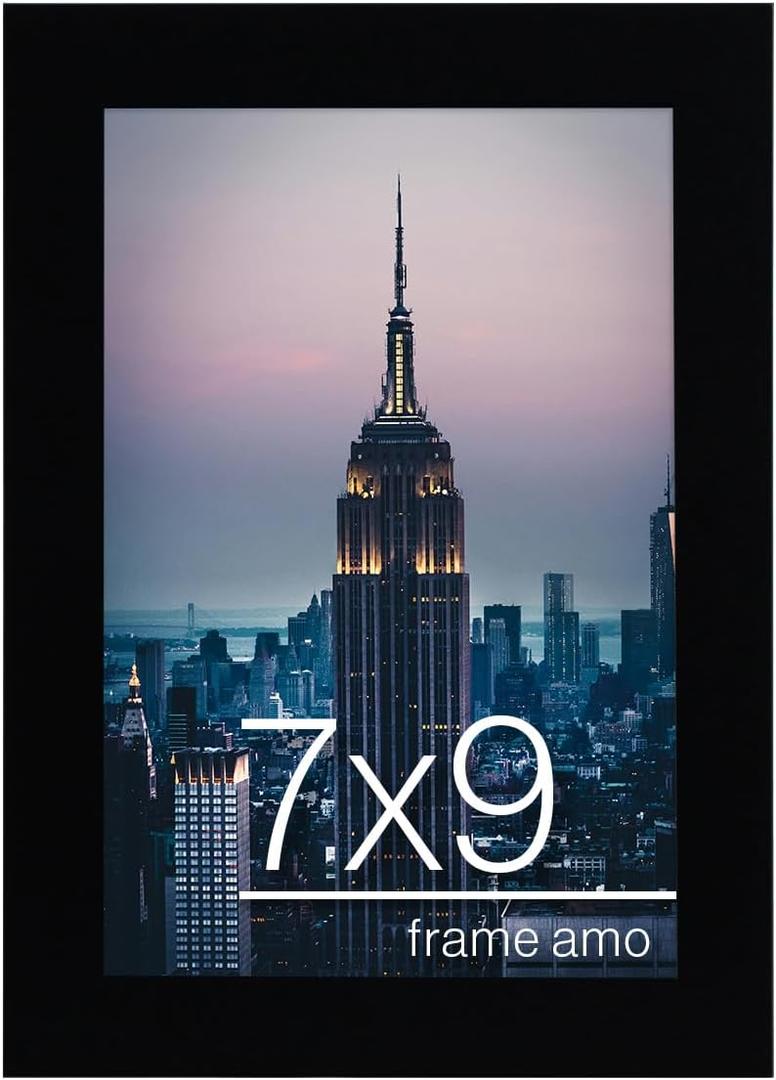 Frame Amo 7x9 Black Modern Picture Frame, 1 inch Border, Acrylic Front, for Wall or Table
