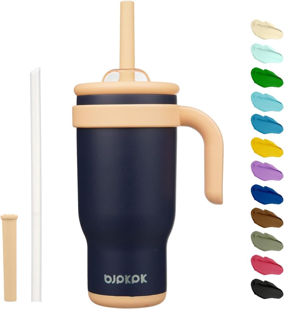 BJPKPK 18 OZ Insulated Travel Tumbler with Handle and Straw, Stainless Steel Water Bottle, Double Wall Vacuum Insulated Mug, for Work, Car, Travel, Navy Blue