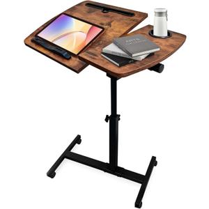 Overbed Table with Wheels Adjustable Height, Tiltable Desktop with Tray, Over Bed Table Rolling Bedside Tables, Medical Mobile Standing Desk, for Hospital Office Bedroom Sofa, Brown