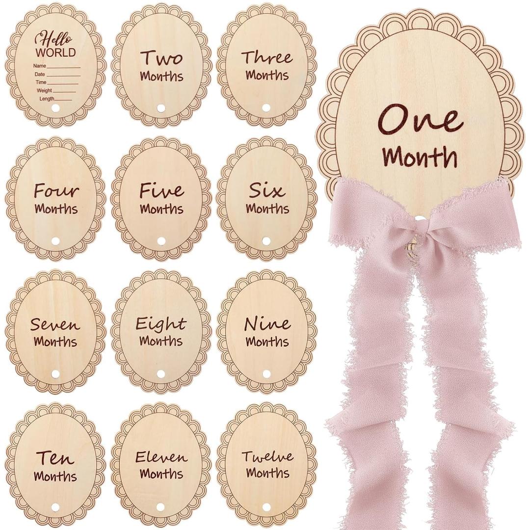 14 Pcs Wooden Monthly Baby Milestone with Ribbon Monthly Milestone Wood Discs Photo Props for Newborn Baby Girl Boy Baby Shower Gifts(Pink)