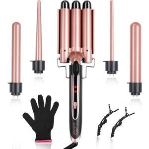 5-in-1 Curling Iron Set, Curling Wand with 3 Barrel Hair Crimper Iron and Interchangeable 4 Curling Irons, Dual Voltage Hair Waver with 2-LED Temp Control for All Hair Types, Glove & 2 Clips