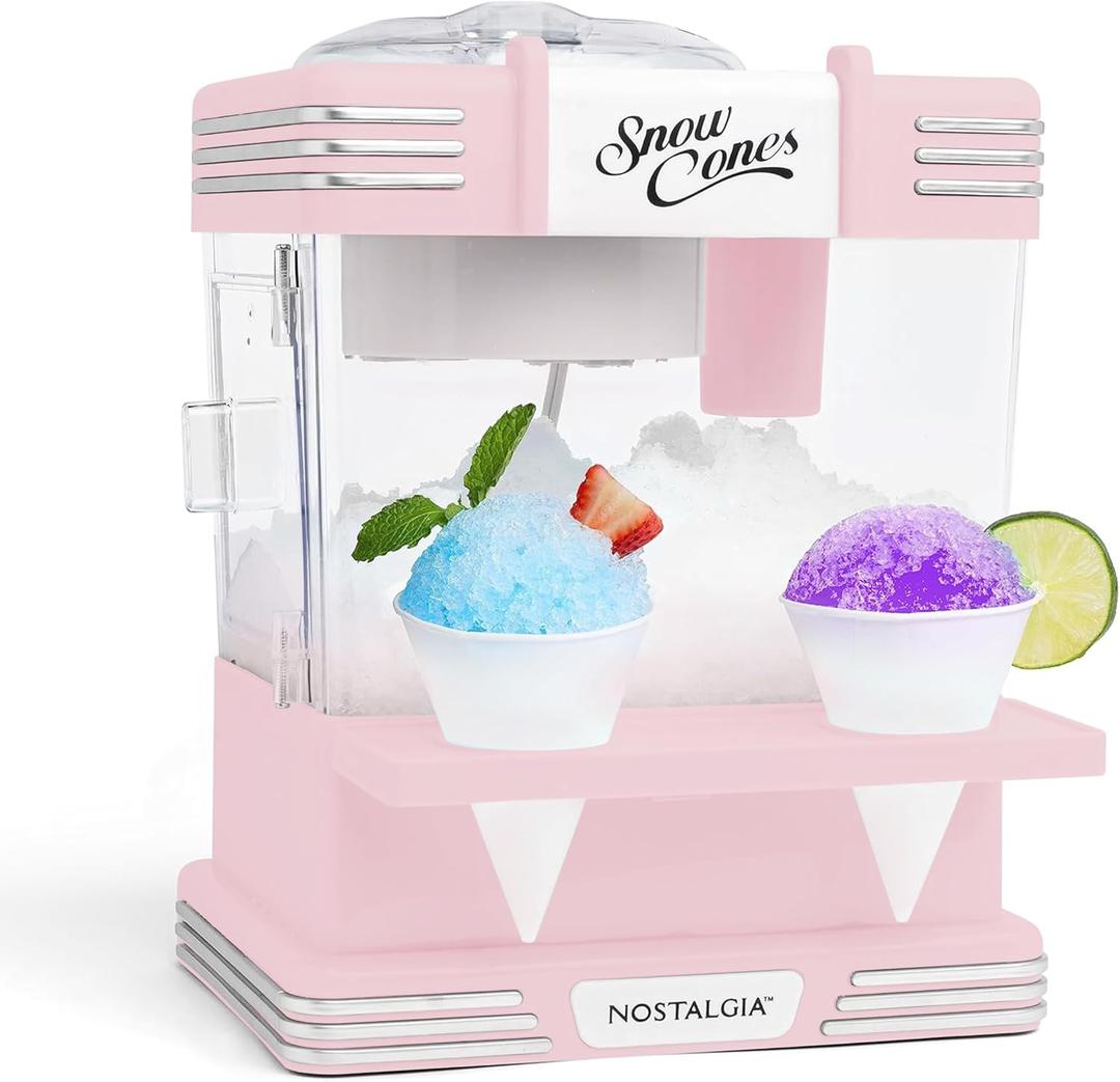 Nostalgia Retro Snow Cone Maker Countertop 5-qt Shaved Ice Machine Stainless Steel Blades Includes 2 Reusable Cups, Ice Scoop, & Sid Shelf Pink