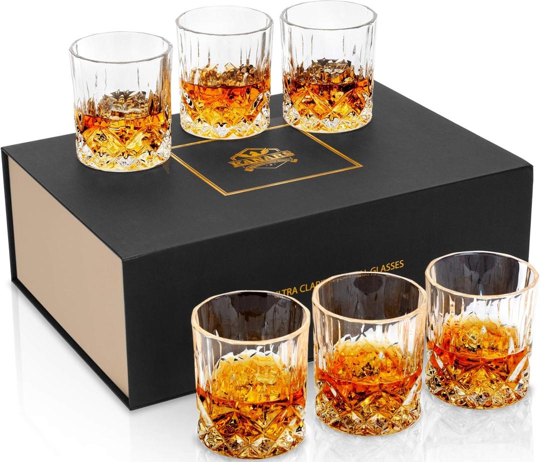 KANARS Whiskey Glasses Set of 6 with Elegant Gift Box,10 Oz Premium Old Fashioned Crystal Glass Tumbler for Liquor, Scotch, Cocktail or Bourbon Drinking, Gifts for Birthday Thanksgiving Christmas