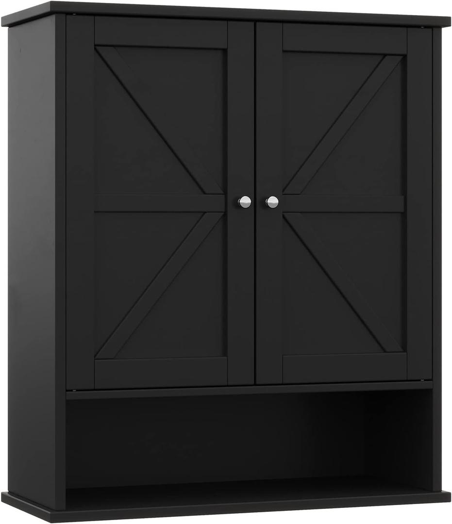 Reettic 23.6x27.6 inch Farmhouse Medicine Cabinet with 2 Barn Doors, Large Bathroom Cabinet Wall Mount with Adjustable Shelf, Over The Toilet Storage for Bathroom, Living Room, Kitchen, Black BMGZ103B