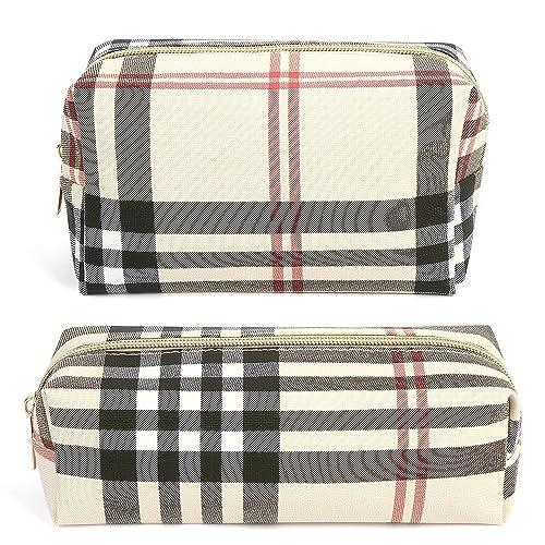 MAANGE Small Makeup Bag for Purse, 2 PCS Cosmetic Bag for Women Travel Makeup Pouch Leather Make up Bag Portable Zipper Pouch Brushes Bag - khaki plaid