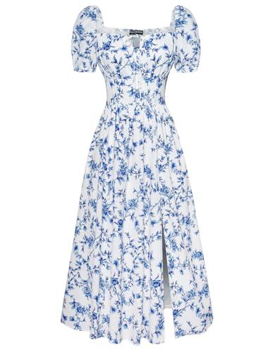 Scarlet Darkness Women's Floral Corset Dress with Split 2026 Summer Spring Square Neck Midi Milkmaid Dresses White Deep-Blue Floral XXL