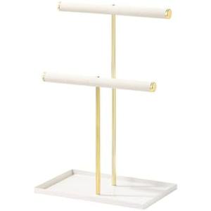 Pengup Jewelry Holder,Necklace Bracelet Display Stand with Tray,Metal Velvet Jewelry Organizer for Selling,Desk Nightstand Organizer for Girls (Beige, 2 Tier)