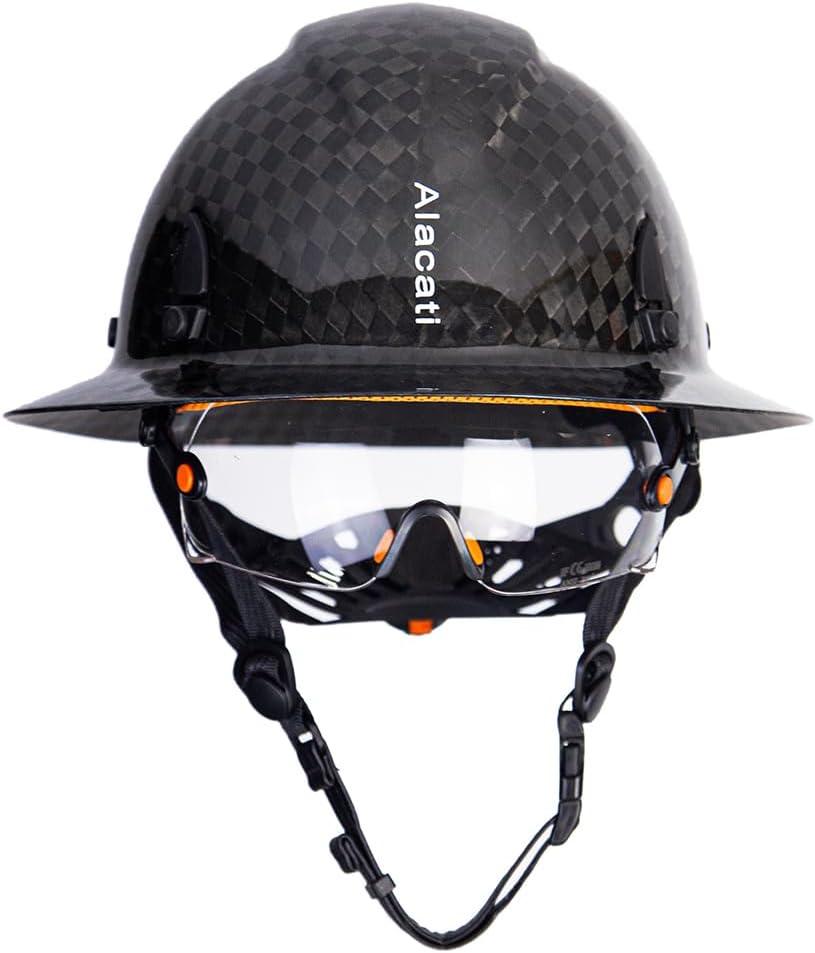 Carbon Fiber Hard Hat Full Brim with Goggles- Safety Helmet with 6-Point Adjustable Ratchet Suspension- ANSI Z89.1 Compliant (Plaid Fiber)