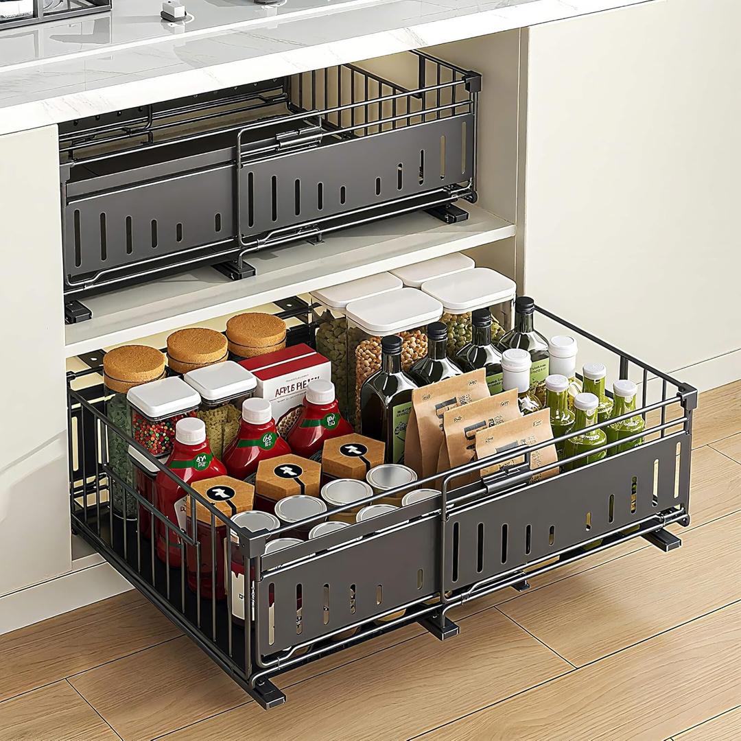 Under Sink Pull-Out Cabinet Organizer for Kitchen and Bathroom Cabinet Storage - Metal Expandable Drawers(12.8-19.49in Width) Suitable for Hair Tools,Trash Bags Black 2 Pack