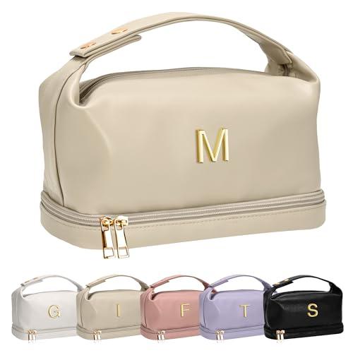 Vogewood Bride Letter Makeup Bag, Bride To Be Gifts Double Layer Cosmetic Bag, Waterproof PU Travel Toiletry Bag for Bachelorette Party Women Wedding Bridal, Bride Gifts (Beige)