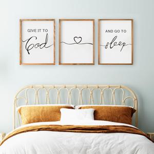 Set of 3 Framed Farmhouse Give it to God and Go to Sleep Signs 11x14 Above Bed Wall Decors for Bedroom Wood Signs (11x14 inches, Brown)