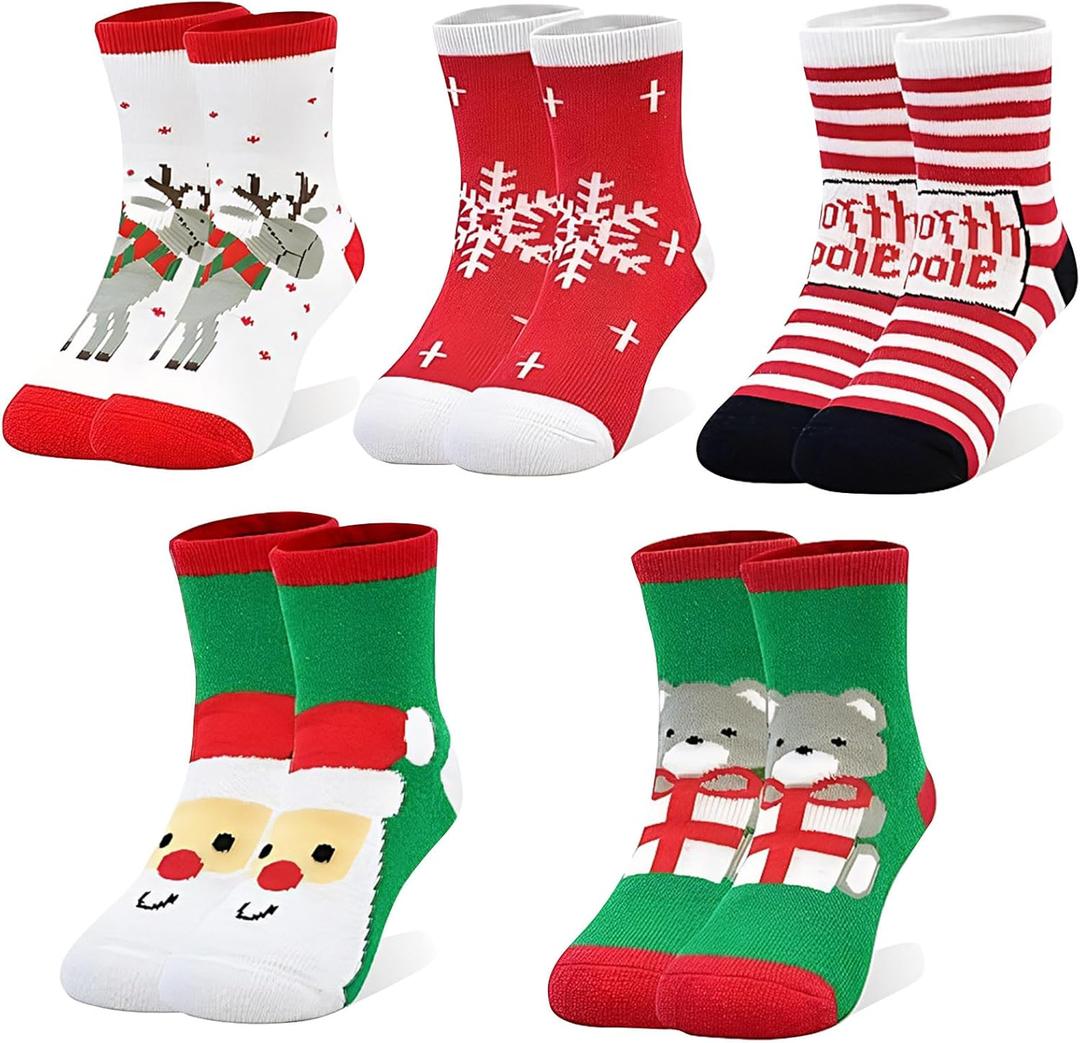 techcity 5 Pairs Boys Girls Christmas Socks Warm Fleece Stockings for Kids Funny Cute Christmas Gift for 1-12 Years Old (White Red Green Xmas)