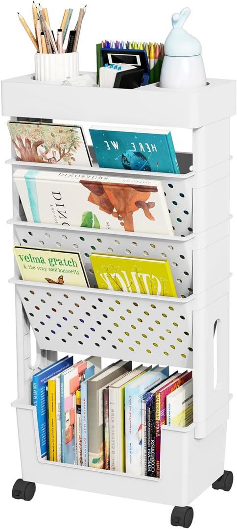 5-Tier Mobile Bookshelf, Rolling Bookcase Book Storage Rack, Movable File Folder Organizer Cart with Wheels for Home Study Office Living Room Classroom, White