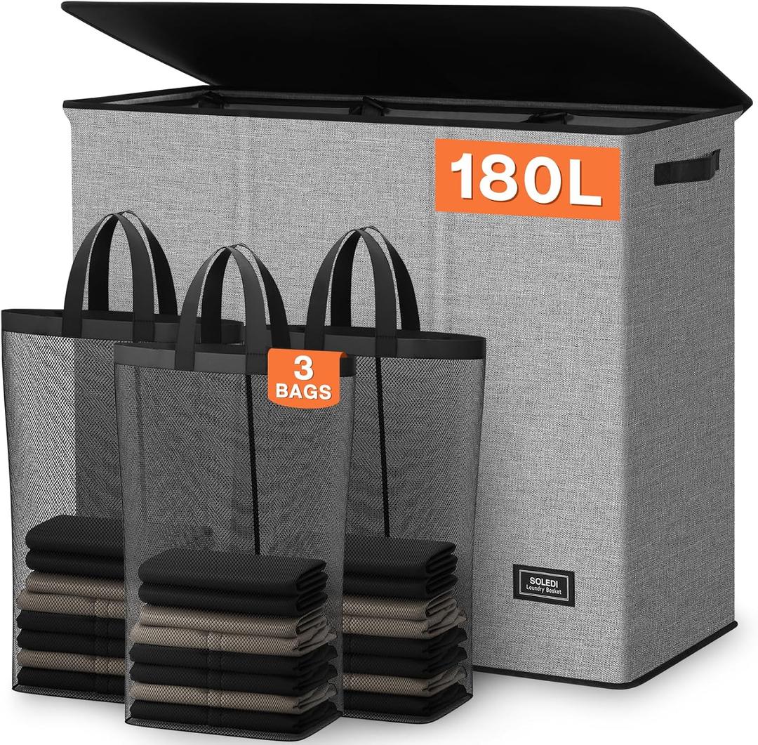 SOLEDI 180L Laundry Hamper 3 Section, Extra Large Laundry Hamper with Lid, Dirty Clothes Hamper with Sturdy Handle, Large Laundry Basket Organizer for Laundry Room, Bedroom, Hampers for Laundry (Grey)
