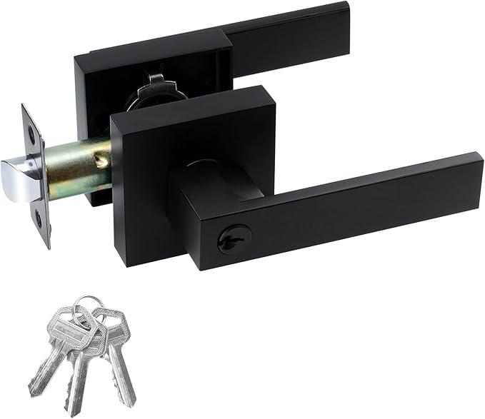 JO.KO Entry Door Lever with Lock and Key,Matter Black Exterior Door Handle for Office and Front Door, Square Style Reverisble Bedroom Door Knobs with Lock