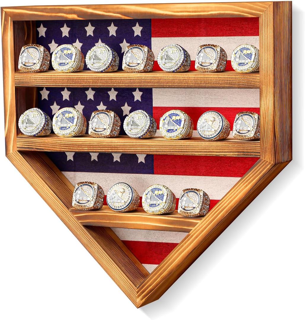 Championship Ring Display Case 18 Slots Championship Ring Storage Stand Wooden Sports Ring Holder Wall Mount Trophy Ring Organizer for Gift Baseball Basketball, 12 x 12 x 2 inch(Vintage)