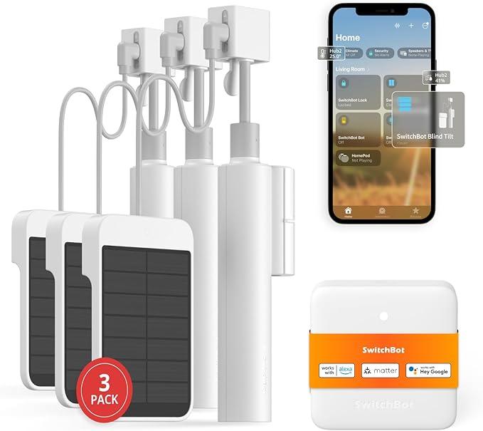 SwitchBot Smart Electric Motorized Blinds Kit 3 Pack with Hub Mini Matter-2.4G WiFi Remote Control, Solar Powered, Compatible with Alexa, Google Home and Siri, Light Sensing Control, Unlimited Group Control