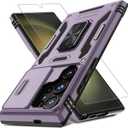 DEERLAMN Case for Samsung Galaxy S25 Ultra with Slide Camera Cover+Screen Protector (1 Pack), Rotated Ring Kickstand Military Grade Shockproof Protective Cover-Deep Purple (S25 Ultra-6.9 Inch)