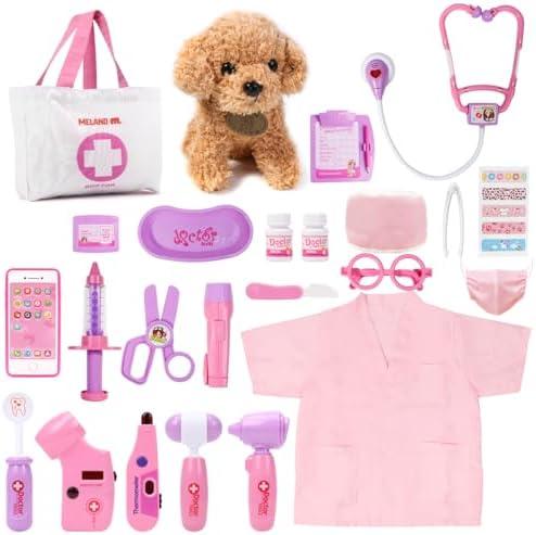 Meland Toy Doctor Kit for Girls, Pretend Play Toy Doctor Set with Dog , Carrying Bag, Stethoscope & Dress Up Costume Gift for Kids Toddlers Ages 3 4 5 6 Year Old for Role Play, Pink/Yellow