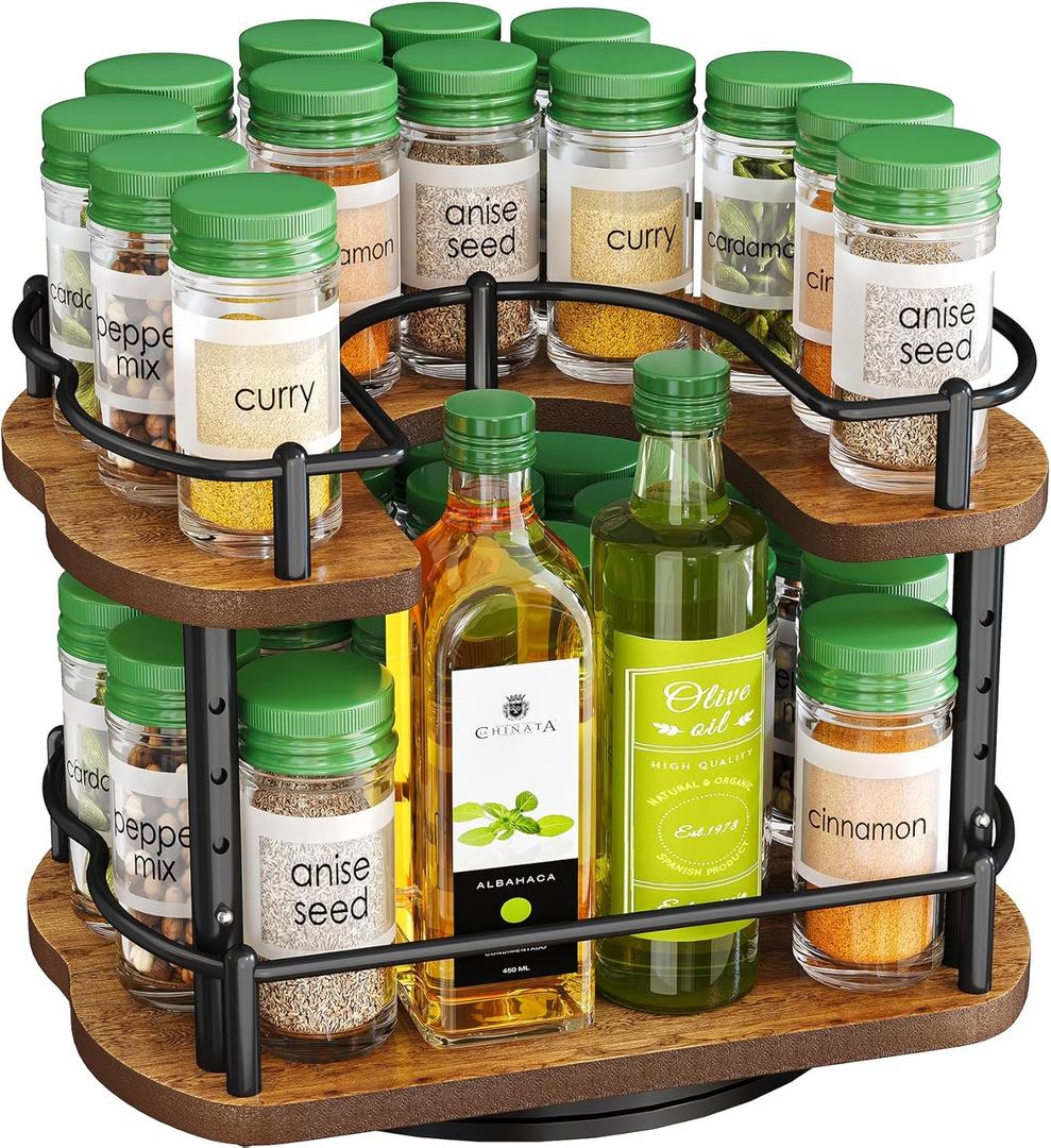 Lazy Susan Organizer Spice Rack for Cabinet - Height Adjustable Rotating Lazy Turntable Spice Organization for Table Top Pantry Kitchen, Wood Lazy Susan 10 inches Black
