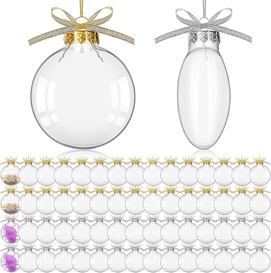 Leitee 60 Clear Fillable Christmas Ornament Ball 3.15 Inch Clear Plastic Ornament for DIY Craft Fillable Ball with 48 Yard Gold Silver Ribbon Christmas Tree Decor for Xmas Home Wedding