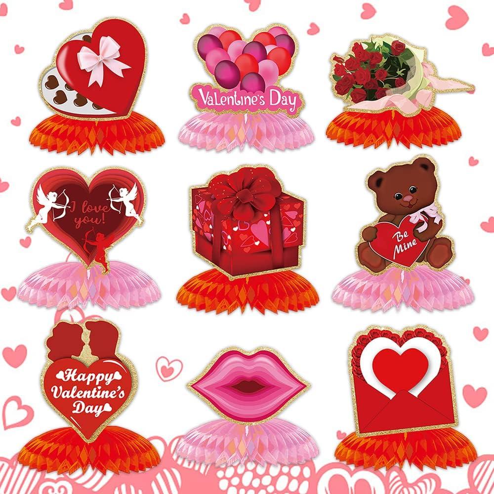 ALIBBON 9pc Valentine Honeycomb Centerpieces, Valentine Honeycomb Decorations, Table Signs for Valentine's Day, Wedding Anniversary Party Supplies Decor