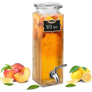 Kook Drink Dispenser, 80 oz, Water Dispenser Countertop, Glass Drink Dispenser, Beverage dispenser, with Leak-Proof Spigot, Clear Rectangular Jar, Storage for Party, Fridge, for Water, Iced Tea