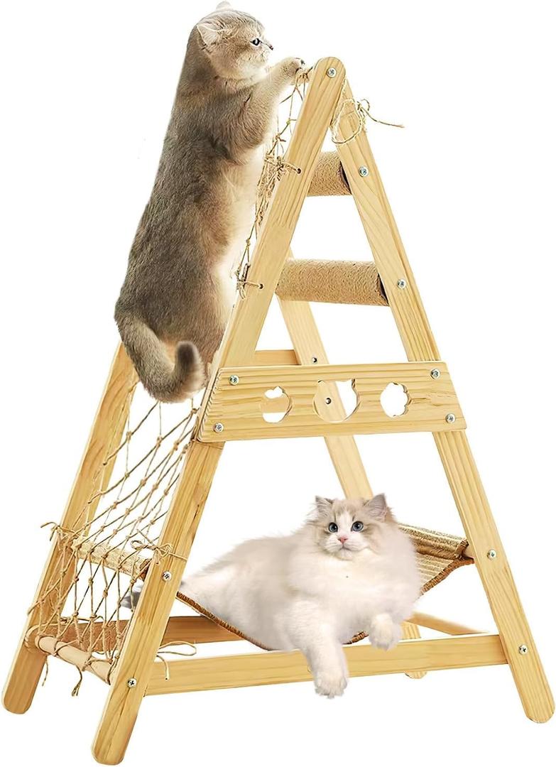 Cat Tower for Indoor Cats with Hammock Straching Post Climbing Web and Danging Sisal Ball, Cute Solid Wood Cat Tree (xl)