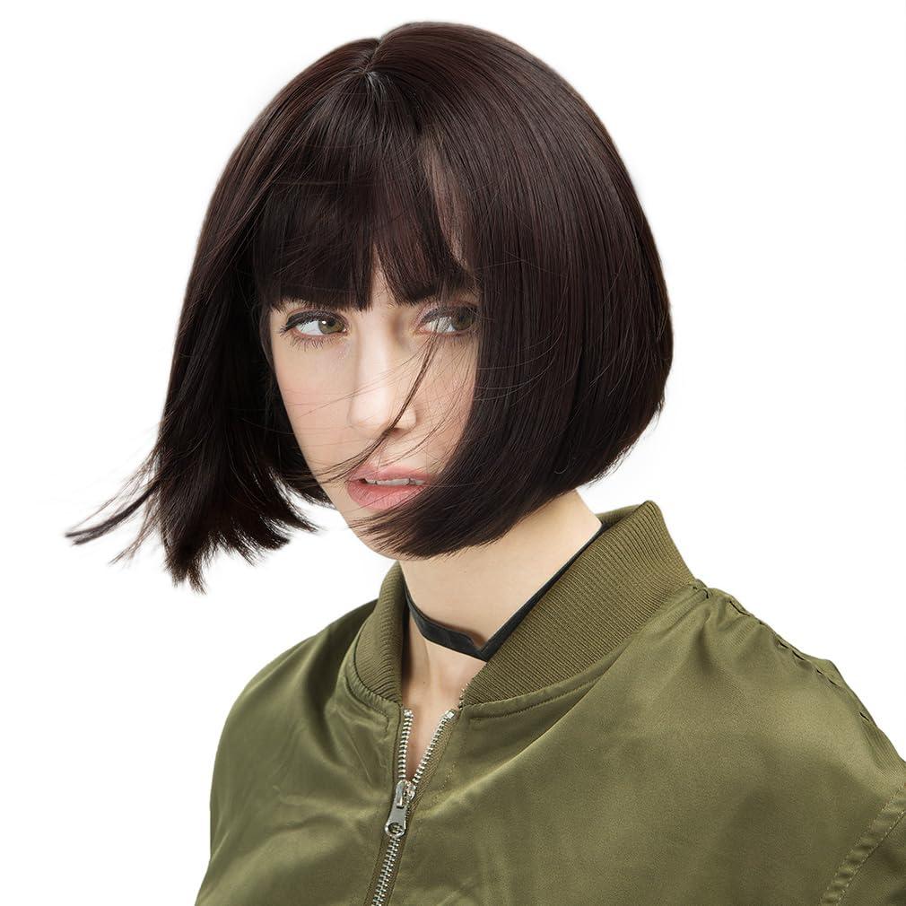REECHO 11" Short Bob Wig with bangs Synthetic Hair for White Black Women Color: Dark Brown