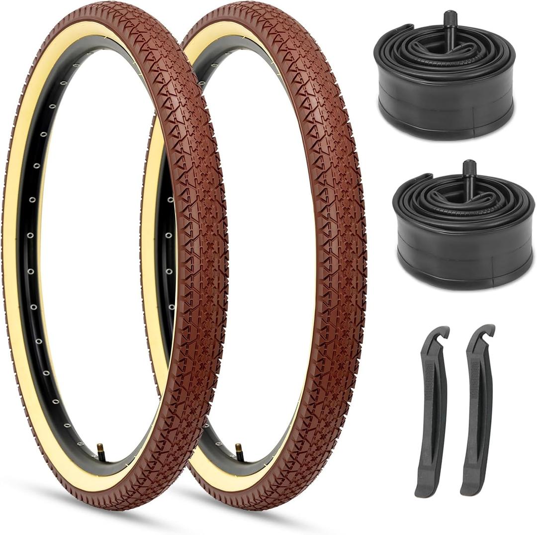 Hycline 26x2.125 Cruiser Bike Tires Set: 2-Pack 26-inch Premium Butyl Rubber Puncture-Resistant Folding Replacement Bicycle Tires for Beach Cruiser and Urban Commuting Bicycle (Brown)