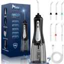Water Dental Flosser Oral Irrigator with 5 Modes, 350ml Cordless Water Teeth Cleaner Pick 6 Tips, IPX7 Waterproof Rechargeable Portable Powerful Battery for Travel & Home Braces & Bridges Care (Black)