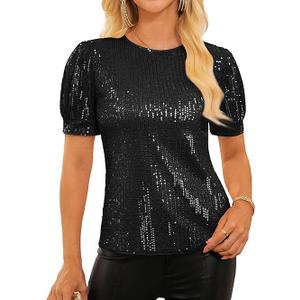 GRACE KARIN Womens Full Sequin Tops Sparkle Glitter Blouses Lantern Short Sleeve Shirts Dressy Party Concert Outfits (Black)