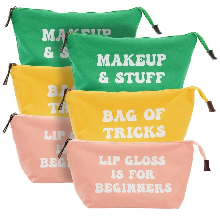 6 Pack Small Cosmetic Canvas Makeup Bags for Women with Zipper, 3 Colors and Designs (8 x 4 x 6 In)