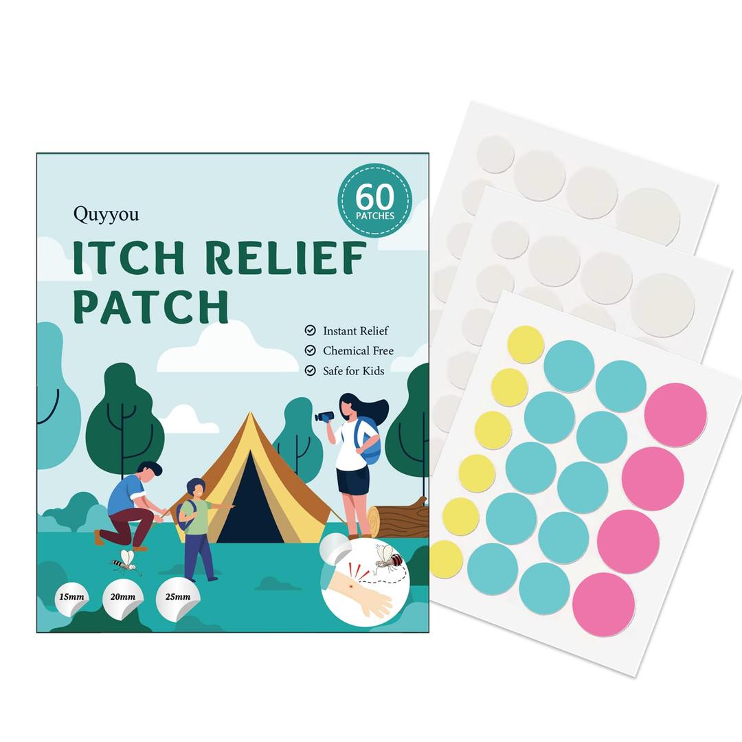 2 x Quyyou Itch Relief Patch 60pcs Bite Itch Relief Stickers Fast Effect Nature Formula Hydrocolloid Chemical-Free & Safe for Kids Stop Itching Prevent Scratching Minimize Dark Marks Easy to Use