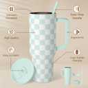 Checkered Tumbler with Handle 40oz, Mint Checker Cup Stainless Steel Insulated Tumblers Coffee Travel Mug Cups with Straw, Gifts for Women Girls Teen Birthday Christmas