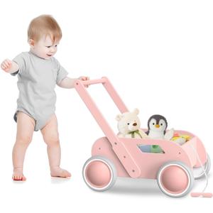 Wooden Baby Walker, Push and Pull Learning Walk Toys for Infants to Toddler, Walker with Wheels for Boys Girls, Gift for Birthday Christmas, Pink