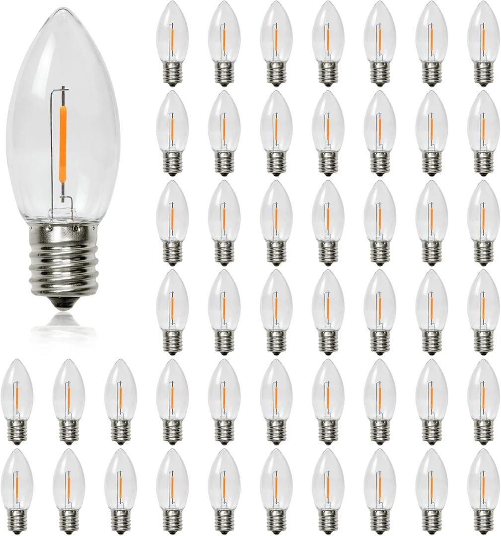 MYEMITTING Waterproof C9 Replacement LED Light Bulbs 0.6W Equivalent to 7W, White Warm 2200K Outdoor String Lights E17 Base LED Light Bulbs, Clear Plastic, 50 Pack