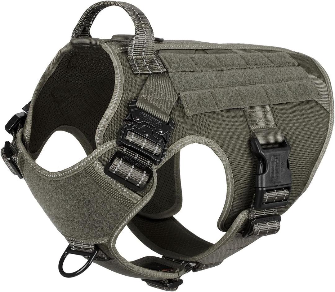 ICEFANG Tactical Dog Harness, Large Size,2X Metal Buckle,Working Dog MOLLE Vest with Handle,No Pulling Front Leash Clip,Hook and Loop Panel (Green,L (Pack of 1))