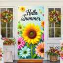 Hello Summer Door Cover for Door Decorations Sunflower Door Banner Backdrop Summer Seasonal Porch Front Photo Background for Outdoor Decor Supplies 71 x 35 Inch