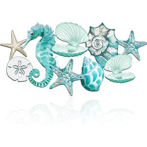Pinkunn Metal Beach Wall Decor Seashell Beach Themed Bathroom Decor Rustic Nautical Ocean Coastal Starfish Seahorse Themed Wall Art for Living Room Bathroom Bedroom,15.8 Inch(Aqua Blue)