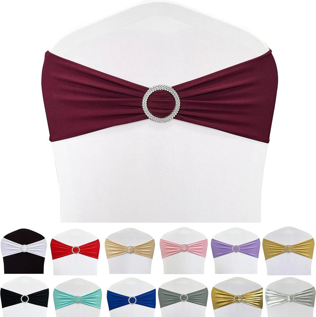 Spandex Chair Sashes Bands 50PCS Stretch Chair Ties Bows with Buckle Slider for Wedding Party Banquet Decoration (Burgundy)
