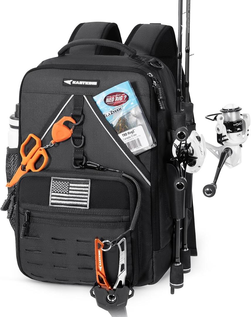 KastKing Karry All KastMate Fishing Tackle Backpack, Water-Resistant Tackle Bag With 2 Rod Holders, Fishing Gear and Equipment With Large Gear Storage, Black