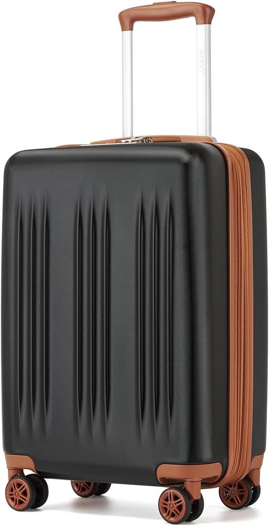 Kono Small 20 Inch Expandable Carry On Luggage with Quiet Spinner Wheels & TSA Lock, Scratch and Drop Resistant PC+ABS Hardside 22x14x9 Airline Approved Suitcase, Black & Brown