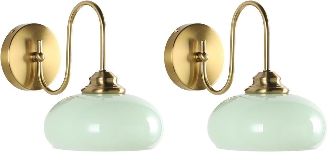 KCO Lighting Vintage Green Wall Sconces Light Set of Two Gold Globe Wall Sconce Mid Century Modern Bathroom Vanity Light Fixture Brass Indoor Wall Sconce Light Fixture (2 Pack)