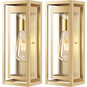 15" Large Gold Outdoor Light Fixture Wall Mount, 2 Pack Waterproof Outdoor Sconces, Modern Wall Lights with Clear Glass Shade for Front Door, Porch, Garage