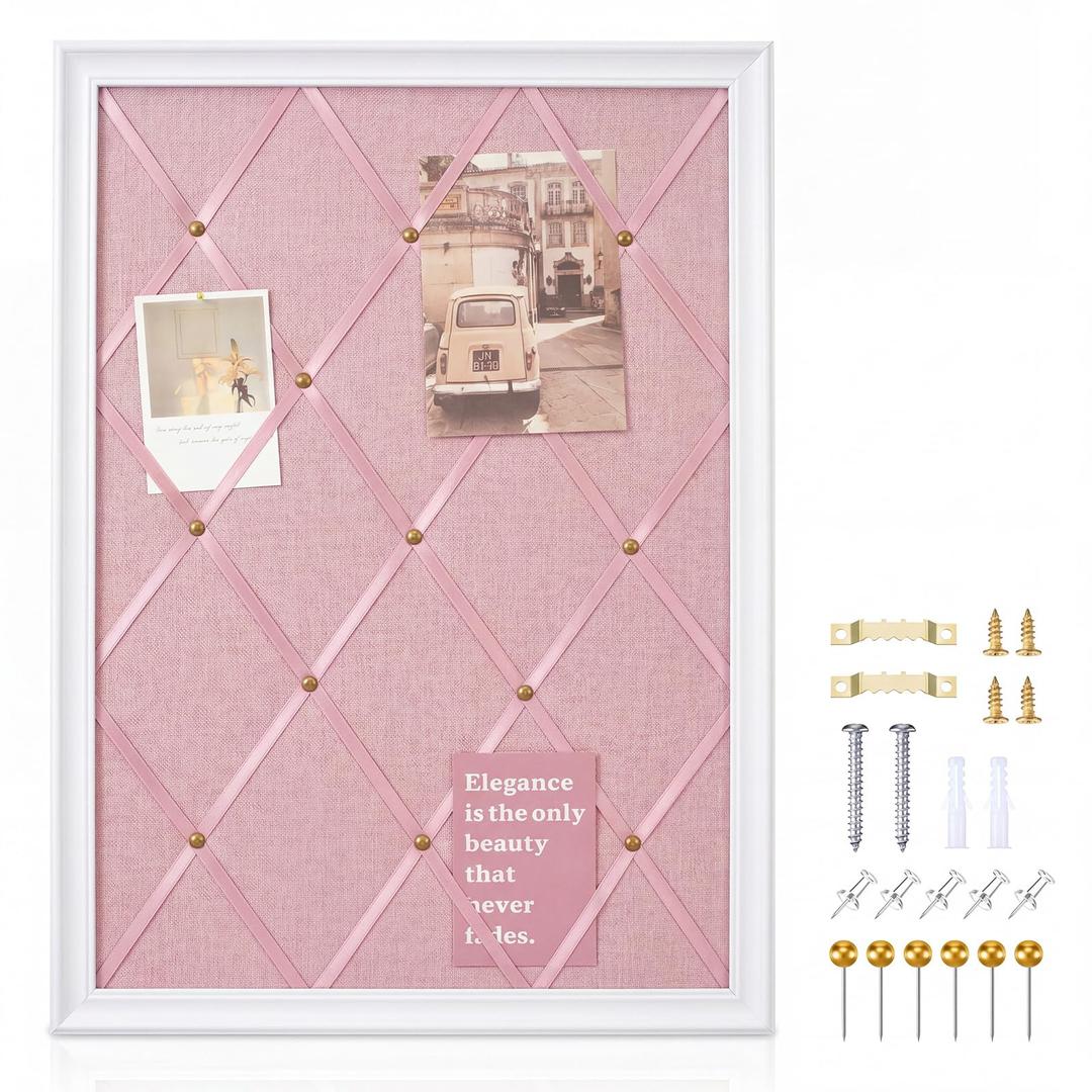 DoubleFill White Bulletin Board 21"×27" Linen Fabric Decorative Board Hanging Memo Boards for Women Large Cork Bulletin Boards for Home Office with 20 Pushpins - Pink Linen with White Frame