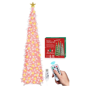 HMASYO 6 FT Pop Up Tinsel Christmas Tree with 100 LED Timer Lights & Remote, Pink Collapsible Artificial Pencil Tree with Snowflake Ornaments Xmas Decoration for Home, Office, Party, USB Powered